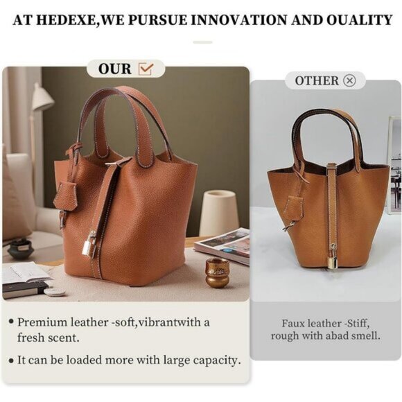 ⚡Women 01Brown Trendy Genuine Leather Imported Bucket Bag Tote Top Handle Purses - Picture 2 of 7